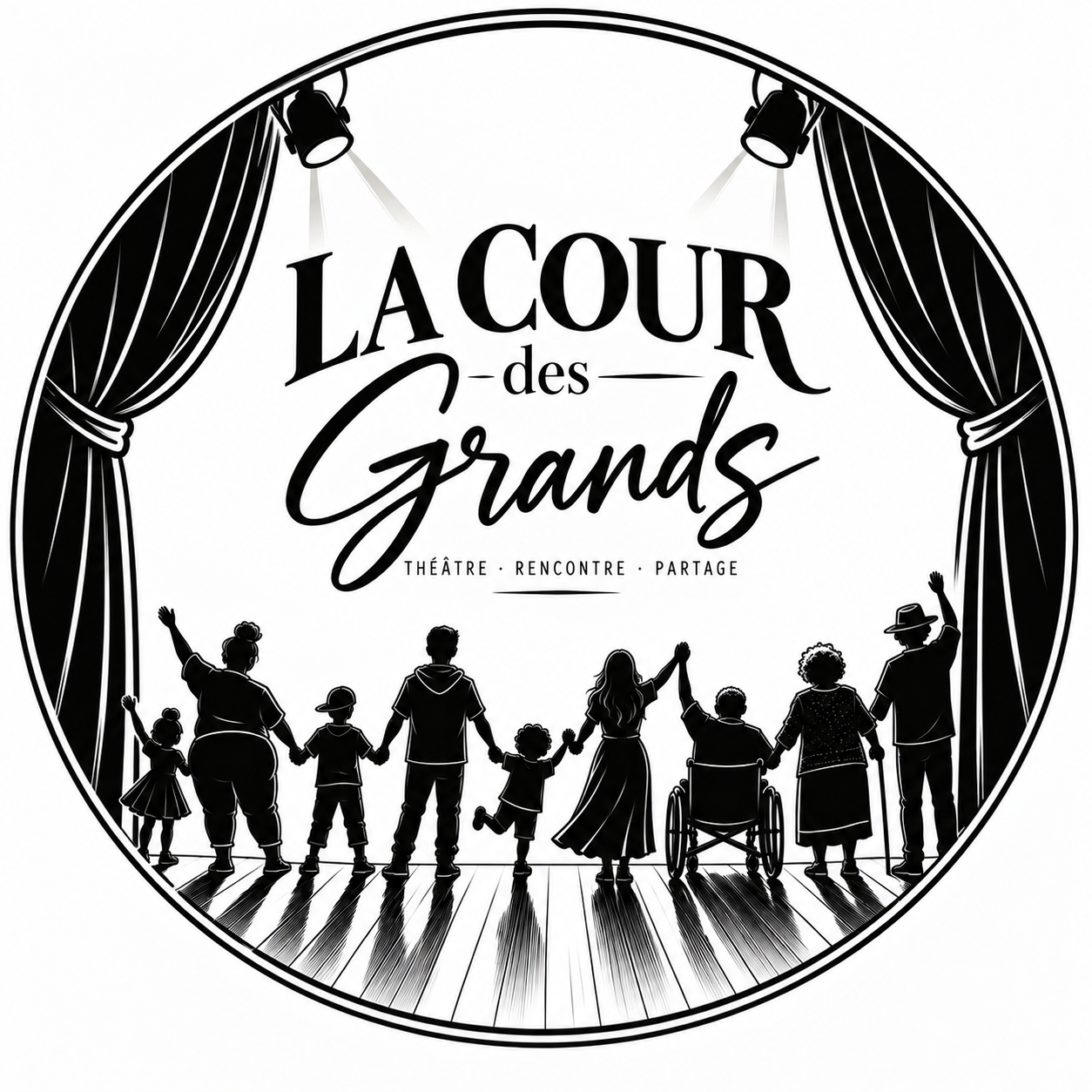 Logo de La Cour des Grands : une scène de théâtre et des personnes de tous horizons réunies
